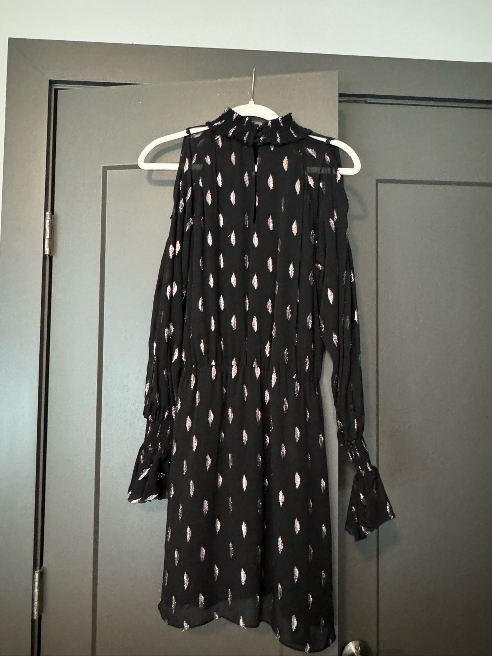 Parker Black Long-Sleeve Ruffle Neck Dress with Metallic Pink Motif